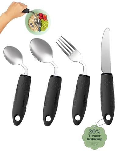 CuraVita - Set de Utensilios Adaptativos (4 Piezas) - Cubiertos Pesados de 3 oz y 42° de Inclinación para Parkinson, Temblores en las Manos y Artritis (Para Diestros)