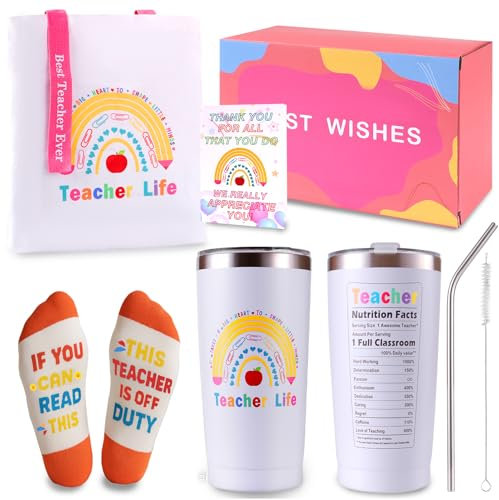 COSBERY Thank You Teacher Gifts for Women,Personalised Teacher Gifts Set, Best Christmas Birthday Gifts for Teachers Assistant Head, Include 20oz Teachers Travel Mug, Canvas Bag, Socks, Greeting Card