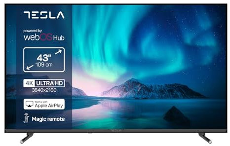 TESLA TV Smart TV 43 pollici Serie 6-4K UHD, WebOS, HDR10, Dolby Audio, ThinQ AI, AirPlay, Miracast, Game Mode, Registrazione USB, 3 HDMI + 2 USB, Nero