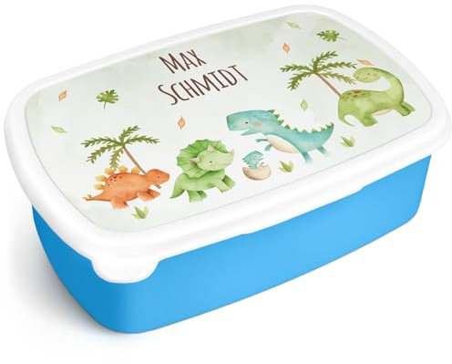 GRAVURZEILE Bedruckte Lunchbox - Dinos - Personalisiert mit Namen - Brotdose für Kinder - Individuell bedruckt mit Wunschmotiv - Platzsparend stapelbar - Perfekt für Schule & Kita - Farbe: Blau