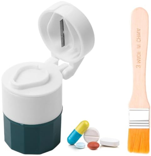 Tablettenteiler für Mehrfachpillen mit Pinsel, 4 in 1 Pill Cutter, Pillenschneider, Medizinmörser Tabletten Teiler, Medikamententeiler mit Aufbewahrungsfach für Reise&Haustier