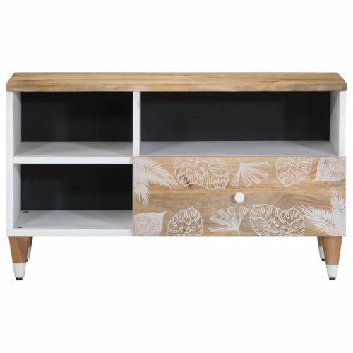 Eleganz TV-Schrank 80x33,5x46 cm aus Massivholz Mango Natur mit weißem Lack, Regalsystem für Wohnzimmer, langlebig und stilvoll
