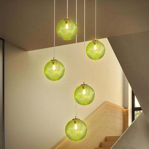VTAMng Kronleuchter mit Glaskugel Treppenhaus Pendelleuchte Wohnzimmer Lineare Deckenlampe Moderner Innenraum Hoher Deckenleuchter Grün Höhenverstellbar Geeignet für Korridore Hotels Wendeltreppen(23