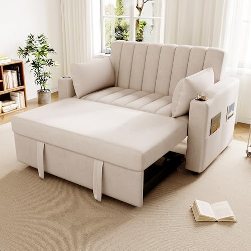 Merax Schlafsofa 2-Sitzer Sofa mit Schlaffunktion, Klappbares 3-in-1 Schlafcouch mit Verstellbarer Rückenlehne, 2 Getränkehalter und Armlehnentaschen, aus Samt, Beige 136 x 75.5 x 84cm