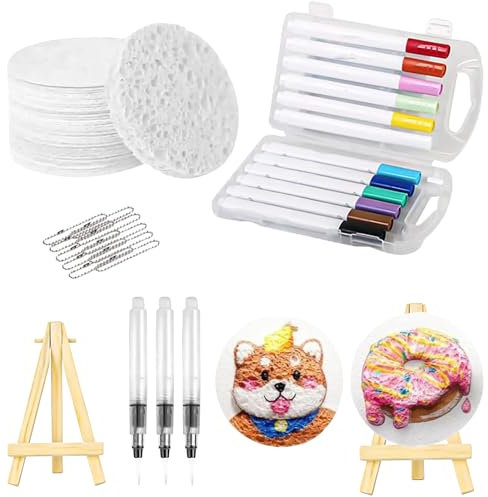 Puasok Pintura Mágica 3D para Niños, Kit Creativo con 10 Hojas Redondas de Espuma Texturizada, 12 Rotuladores de Colores, 3 Pinceles de Agua, 10 Cadenas de Cuentas y 1 Mini Caballete de Madera