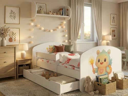 Happy Babies Kinderbett - mit Rausfallschutz Junge 140x70 Bett für Kinderzimmer mit Schublade & Matratze Einzelbett für Kinder Weiß Sweet BUBU (N.3)