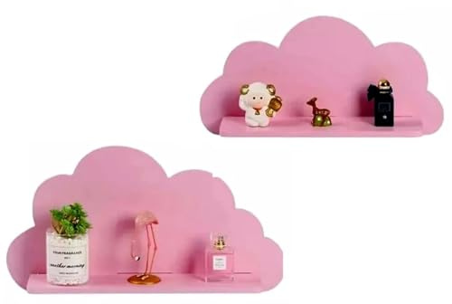 PREMZO Set of 2 Cloud Floating Wall Shelf, Decorative Bedroom Nursery Play Room Wall Novelty Display Themed Storage Unit Organiser Floating Shelving (Pink)