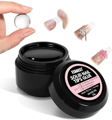 FZANEST Solid Nail Tips Glue Gel for Press Ons, Hema-free Tpo-free 15g Strong Gel Nail Glue for Acrylic Tips, Clear Hard 3D Sculpting for DIY Home and Salon Use UV Light Cured Natural French