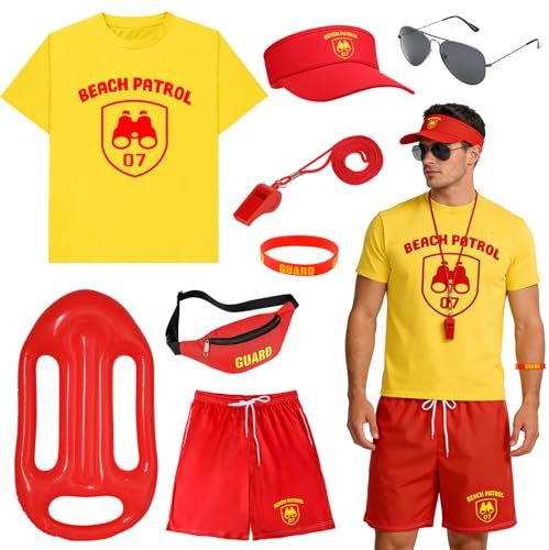 Baywatch - Set di 8 costumi da bagnino, include maglietta, pantaloncini, cappello, marsupio, fischietto, bracciale, galleggiante, salvagente, travestimento per uomini e donne, feste in piscina