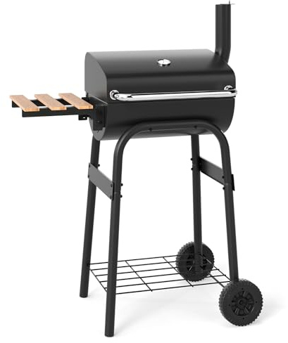 COSTWAY Barbecue a Carbonella con Ruote, Griglia a Carbone da Esterno con Coperchio, Termometro, Tavolo Pieghevole e Manico in Acciaio Inox, Barbecue Portabile per Giardino, Campeggio e Picnic