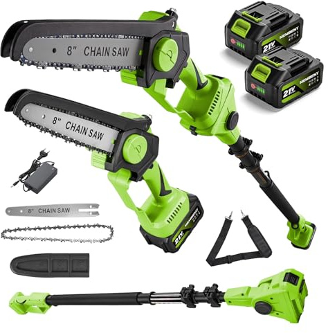 2-in-1 Hochentaster Akku mit 2 x 3000mAh Akkus und 2.3 m Teleskopstange | 8 Zoll Kettensäge Akku mit 15cm Max Schnittgröße und Um 180° Verstellbarer zum Sicheres Zurückschneiden hoher Äste im Garten