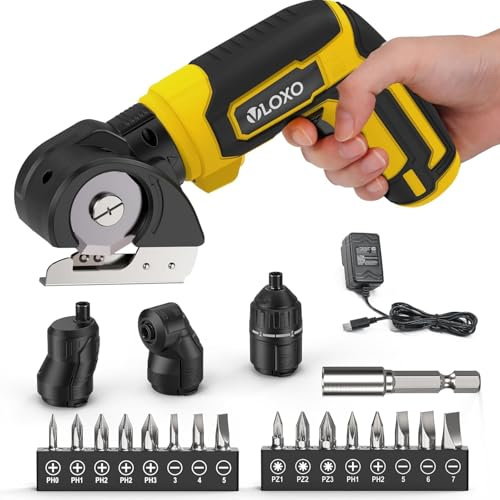 VLOXO Cardboard Cutter Cordless Electric Scissors Electric Rotary Cutter with Safety Lock Power Scissors 4 Different Attachments Multi-Cutting Tool for Leather Cardboard Carpet Include Case