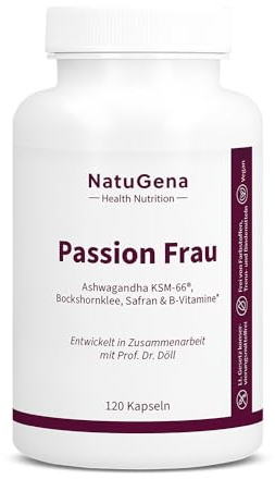 NatuGena Passion Frau, Ashwagandha KSM 66, Bockshornklee, Muira puama, Safranmalve, Cordyceps und Reishi, Maca Wurzel, Vitamin B6, 120 Kapseln (30 Tage Packung)