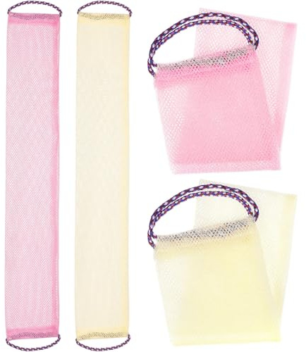 DECHOUS Lot de 4 Serviettes Exfoliantes Corps en Nylon 14x75 Cm, 2 Rose Clair Cordon et 2 Beige, Serviette de Bain Longue pour Nettoyage Dos, Exfoliant Corporel, Usage Quotidien et Voyage