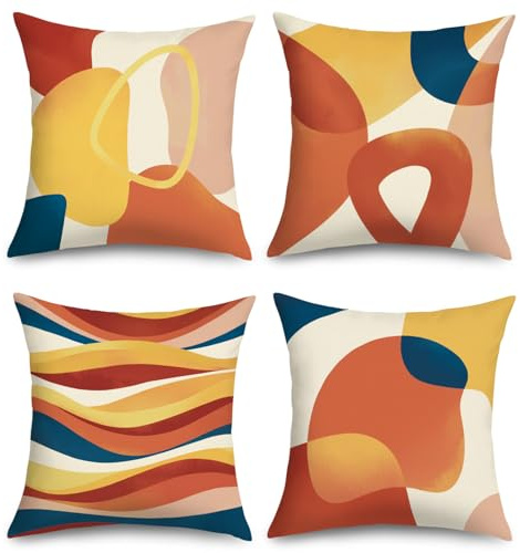 Joymaison Kissenbezüge 45x45 4er Set Modernes Abstrakt Orange Geometrische | Deko Kissenhülle Bunte Kunst Orange Marineblau Outdoor für Geschenk Dekorative Kissenbezug Kissen für Couch Sofa