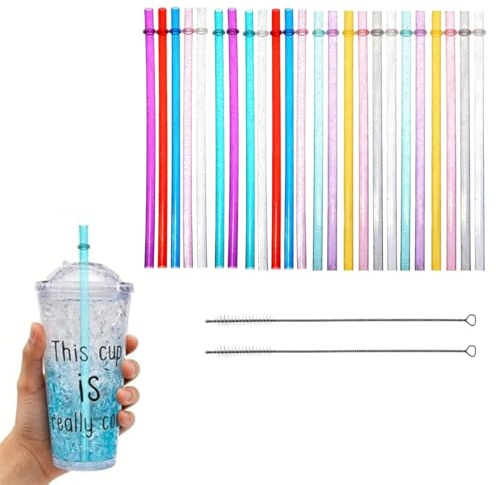 24 pièces Pailles 100% réutilisables en Plastique Rigide 23 cm pailles réutilisables à Paillettes en Plastique avec brosses de Nettoyage | pour Boissons Froides/Chaudes, Maison, fêtes et Pique-niques