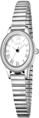 CIVO Vintage Armbanduhr Damen Kleine: Oval Gehäuse Römisches Zifferblatt Analoge mit Elastisches Armband - Zarte Silber Damenuhr Geschenke zum Jahrestag Valentinstag