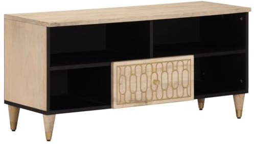 SooIarix Mobile TV in legno massiccio di mango, 100 x 33 x 46 cm, con motivo intagliato a mano, gambe in legno stabile, ampio spazio per il soggiorno, come mobile TV e mobile basso per TV