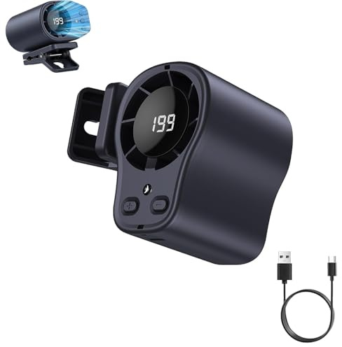 Car Clip Fan with LED Display – 199 Speeds, 16°C Cooling Airflow, 1500mAh Rechargeable Battery, 360° Rotation, Portable Mini AC Fan for Car Dashboard Office Desk Travel (Black)
