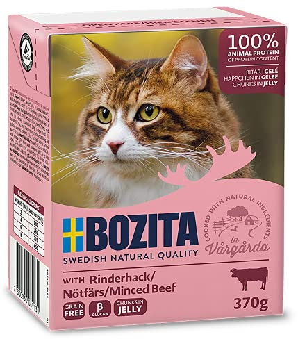 Bozita Häppchen in Gelee Nassfutter mit Rinderhack im Tetra Recart 16x370g - Getreidefrei - nachhaltig produziertes Katzenfutter für erwachsene Katzen - Alleinfuttermittel , 370 g (16er Pack)