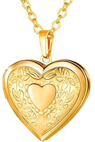 U7 Gold Heart Locket Necklace for Women, Custom Photo Pendant Necklace Gift