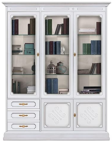 Vitrinenschrank 3 Glastüren, Möbel im Stil klassisch mit Schnitzarbeit, Vitrine aus Holz mit Einlegeböden aus Glas, Einrichtung klassisch für Wohnzimmer Esszimmer Büro, Design italienisch, EINFACHE MONTAGE
