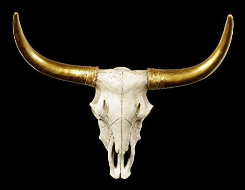 Figuren Shop GmbH Wandrelief Büffel Schädel - Goldene Hörner 44,5 cm - Trophäe Kopf Rind Longhorn Hörner Bulle