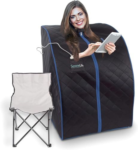 SereneLife SPA portátil infrarrojo para el hogar, Gran tamaño, Sauna para una Persona, Completo, con Almohadilla calefactora para los pies, Silla plegable