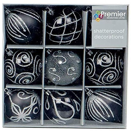 Widdle Wonderland Christmas Tree Decoration 9 Pack 60mm Shatterproof Baubles - Black 6112