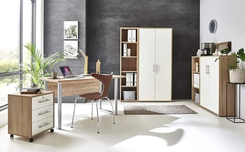 moebel-dich-auf Büromöbel Set Komplett TABOR 4 mit Schreibtisch, Rollcontainer, Aktenschränken & Regal – Büro Komplettlösung Korpus Eiche Sonoma Front weiß matt