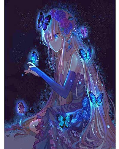 5D Diamant Malerei nach Zahlen Set leuchtet im Dunkeln Anime Girlcool Schmetterling runder Vollbohrer Acryl Stickerei Kreuzstich Kunsthandwerk Leinwand für Wanddekoration Kinder 30x40 cm