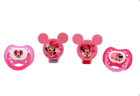 Disney Cudlie Minnie Mouse Baby Girl 4 Pack of 2 Pacifiers & 2 Clips with Hearts for Min Print