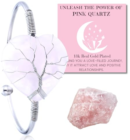 HALUKAKAH Bracciale in Cristallo di Pietra Naturale - LUNA AMORE - Filo Avvolgente Albero della Vita Placcato in Platino Fatto a Mano,Ciondolo in Forma di Cuore in Quarzo Rosa Misura Regolabile