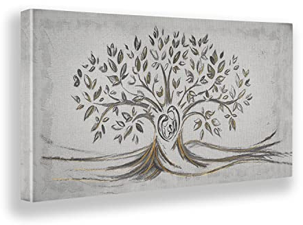 Giallobus - Quadro - 02 - Capezzale Moderno - Sacra Famiglia e Albero della Vita - Black&Gold - Tela Canvas Telaio Premium Alto Spessore - 140x70 - Pronto da Appendere - Quadri Moderni per la casa