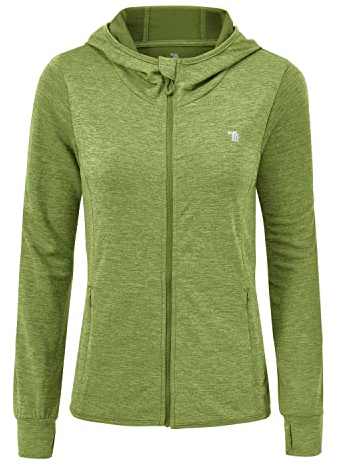 donhobo Damen Sportjacke Laufjacke voll Reißverschluss Leichte Atmungsaktiv Trainingsjacke Langarm Fitness Yoga Hoodie Jacke mit Daumenloch (Frucht Grün, L)