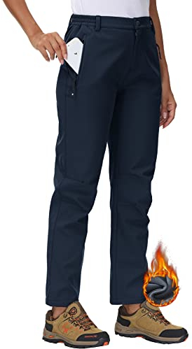 Rdruko Womens Waterproof Hiking Trousers Thermal Fleece Lined Snow Ski Pants Winter Warm Outdoor Trousers for Walking Combat Work Navy Blue M