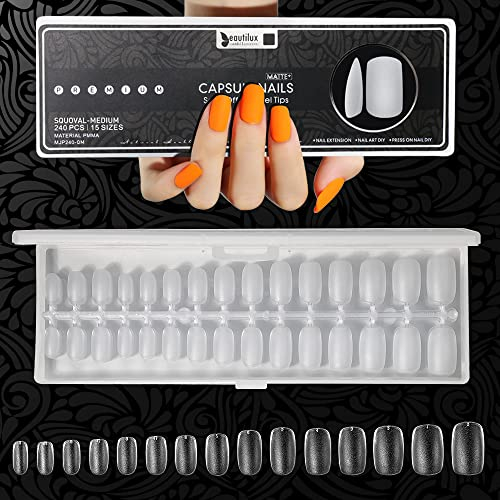Beautilux 240pcs Faux Ongles Squoval Medium 15 Tailles Couverture ComplèTe Pré-poncé Mat Capsules Américaines Manucure Français pour Presse sur les Ongles DIY French Soft Gel Tips