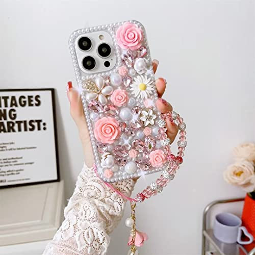 Threesee Bling Case Cover for iPhone 14 Pro Max | Luxury, Crystal, Rhinestone, Flowers, Glitter, Diamond, Pearl, Women Girls Kids, with Lanyard, 6.7 inch