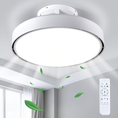 19.7 Flush Mount Bladeless Ceiling Fan with Remote Control, 3-Dimmable LED, 6 Speeds Reversible Low Profile Fandelier for Bedroom