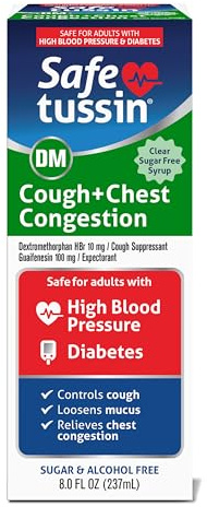 Safetussin DM Cough & Chest Congestion, 8 oz, Expectorant Mucus Relief, Cough Relief Syrup, Safe for Adults with High Blood Pressure & Diabetes
