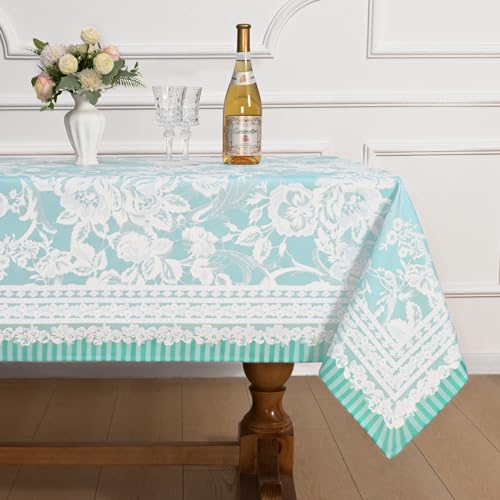 Alishomtll Tischdecke, rechteckig, rechteckig, wasserdicht, waschbar, Blumenmuster, strapazierfähig, für Innen- und Außenbereich, 140 x 274 cm, Blaugrün