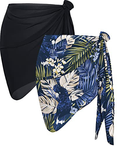 Gosunny Strandtuch Wickelkleid Damen Strand Wrap 2 Stück Bikini Cover up Einfarbig Chiffon Pareo(Schwarz und Blatt)