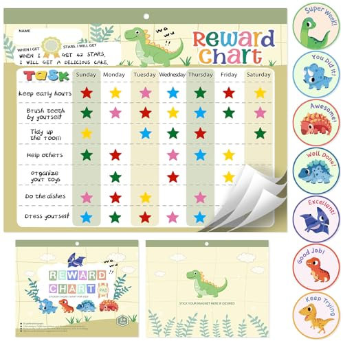 Magnetic Reward Chart for Kids at Home, Behavior Chart Pad with 26 Chore Charts, 1680 Star Stickers, 84 Motivational Stickers to Motivate Responsibility & Good Habits (Dinosaur)
