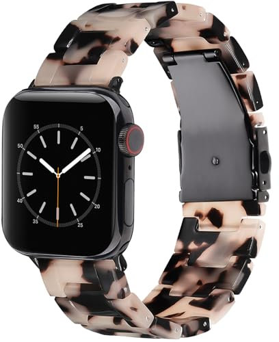 V.R.HOPE Resin Watch Band Compatible with Apple Watch Straps Women Men, Tortoise Metal Buckle Bracelet For 38mm 40mm 41mm 42mm(Series 10) for iWatch Series 10 9 8 7 6 5 4 3 2 1 SE - Black Flower