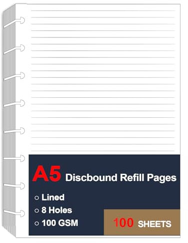 Tul liniertes Nachfüllpapier, A5, 8 Scheiben gelocht, liniert, Nachfüllpapier, Junior-Größe, 100 Blatt/200 Seiten, lose Blätter, 100 g/m² Papier, 14 x 21 cm