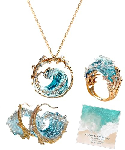 Ocean's Oath Schmuckset, Set mit Halskette und Ringen mit blauen Ozeanwellen, S925 Silber Zirkonia Boho Ozeanstrand Schmuck, Ozeanwellen inspirierendes Schmuckgeschenk für Frauen und Mädchen