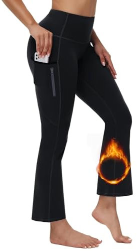 BAYGE Damen Thermo Bootcut Yogahose Winter Hohe Taille Fleece Gefüttert Hose Wasserdicht Bauchkontrolle Slim Fit Flare Leggings Wanderhose Schlaghose Sporthose Sweathose mit Taschen, Schwarz, XL
