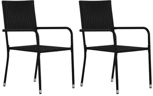 vidaXL Garten Essstühle 2 STK., Essstuhl Stapelbar mit Stahlrahmen, Gartenstuhl Sessel für Garten Balkon Terrasse, Gartensessel Stuhl Stuhlset, Schwarz Poly Rattan