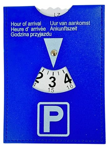 Disco de aparcamiento para coche, reloj de parquímetro según StVo, piel sintética, 11 x 15 cm, 12/24 horas, multilingüe, color azul