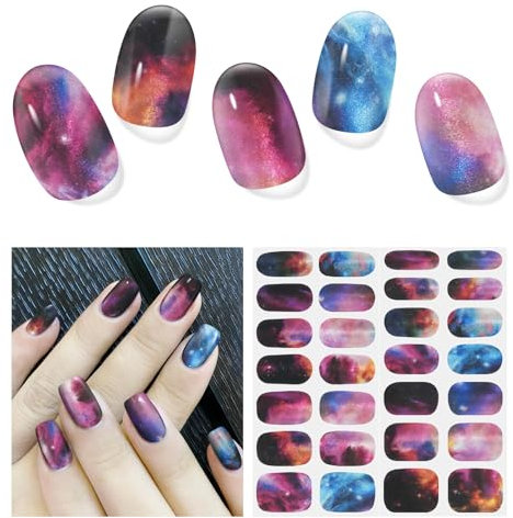 Nagelfolie UV Härtend - 28 Stück Nagelfolie UV Gel Nagelfolien Selbstklebend Herbst Winter Nail Sticker Gel Nagelfolien für UV Lampe Fingernägel Folie Art Sticker (Schillernde Galaxie)